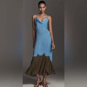 LyreBird Cowl-Neck Blue and Brown  Midi Slip Dress NWT Medium
